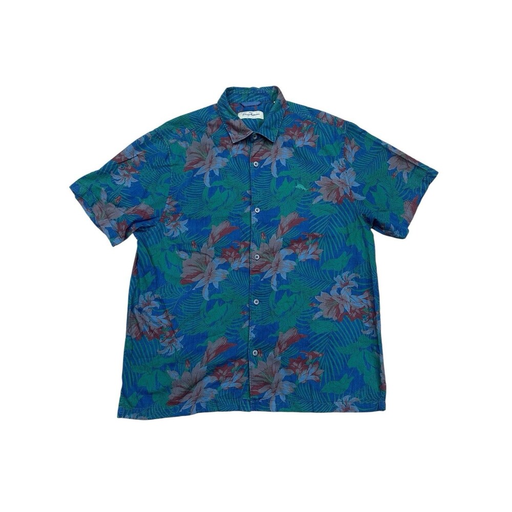 Tommy Bahama Hawiian Aloha L Shirt Hibiscus Palm Leaves Orchids Tropical Texture